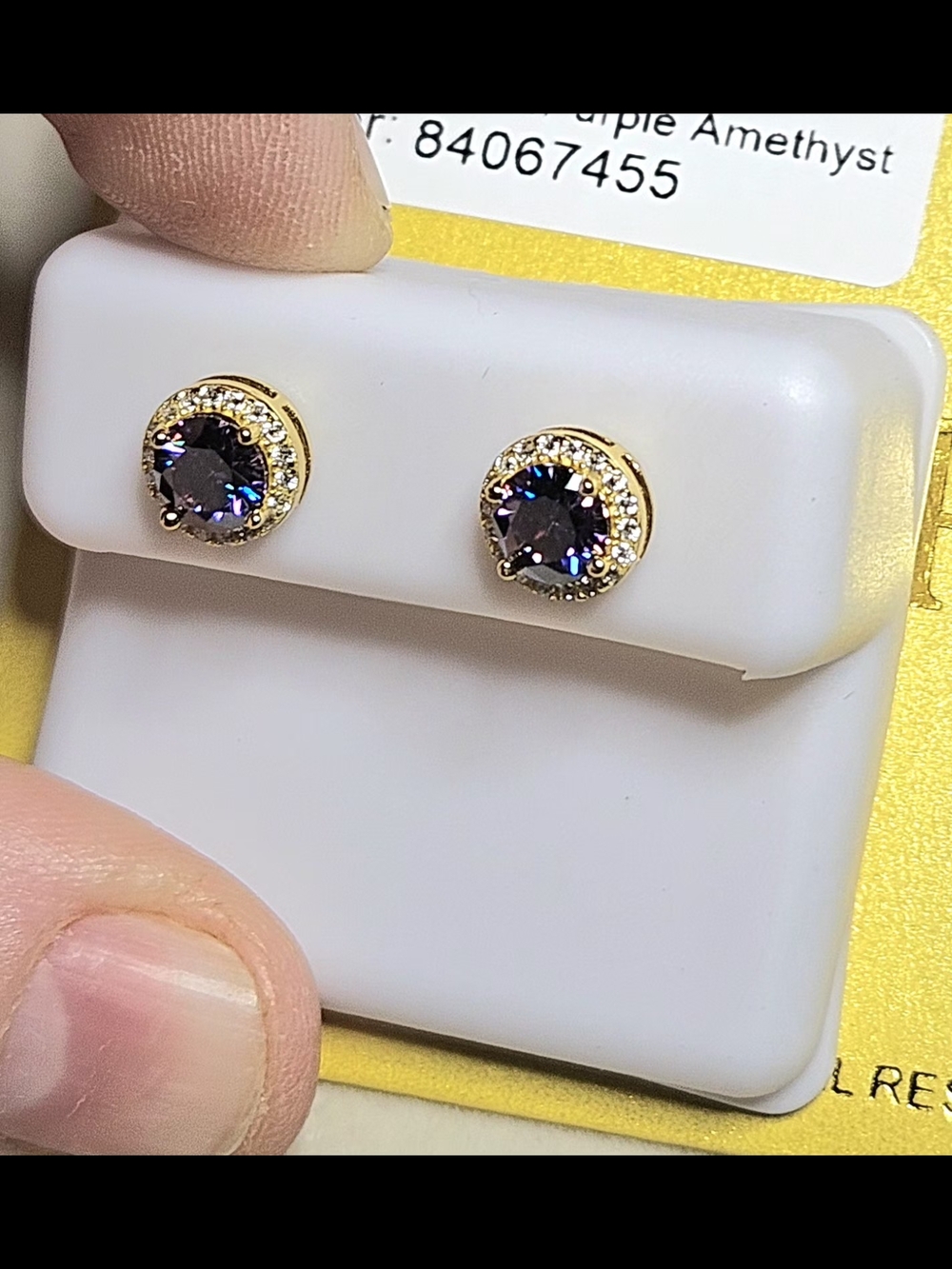 Moissanite Purple Amethyst Round Halo Stud Earrings - Sterling Silver - Picture 2 of 14